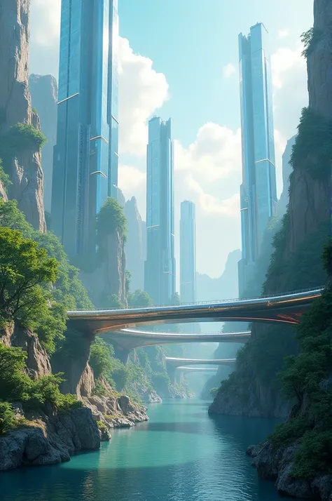 "Imagine a breathtaking planet set in a utopian future, where towering, sleek skyscrapers made of reflective glass and metal reach for the heavens. The structures glow with soft crystal-like colors, blending perfectly with the lush natural surroundings. Gr...