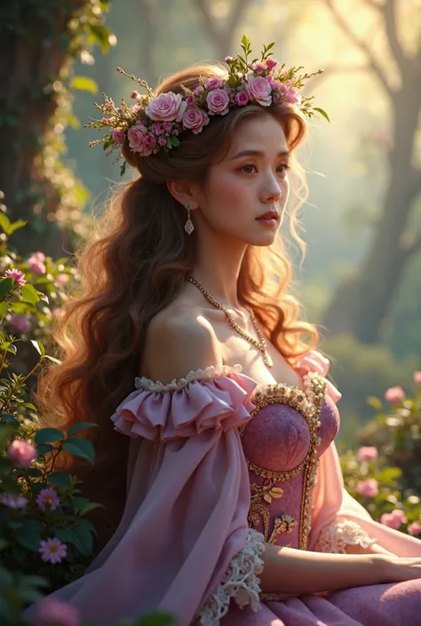 A beautiful, brown-haired princess in an enchanted forest, (detailed facial features, elegant dress, serene expression:1.2), (highly detailed, photorealistic, 8K, HDR, cinematic lighting:1.4), fantasy landscape, lush greenery, glowing sunlight, mystical at...