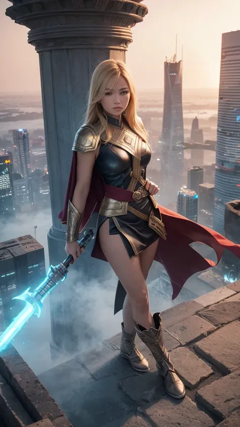 A heroic Indonesian woman dressed in a Thor-inspired outfit, featuring a flowing cape and a mini skirt that adds a modern touch. She stands proudly on a rooftop, holding a glowing hammer as the sun sets behind her, casting a warm light on her fair skin and...