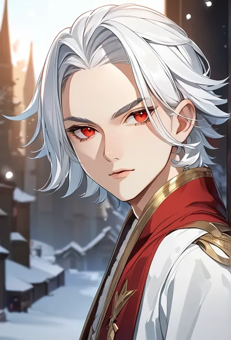 Art Anime 4K,  Elfo, Snow White Hair Short and Straight, Snow White Eyelashes and Eyebrows, red eyes, ((male focus))