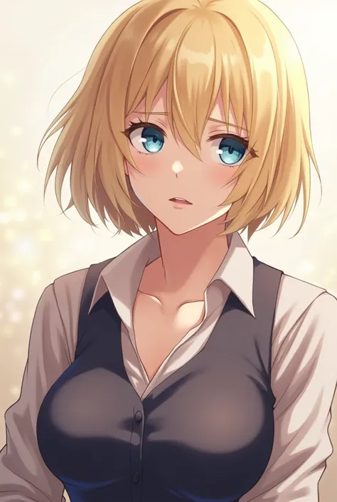 An anime style, short blonde hair with bangs, light blue eyes, serious face, Big breasts, defocused, multiple views 