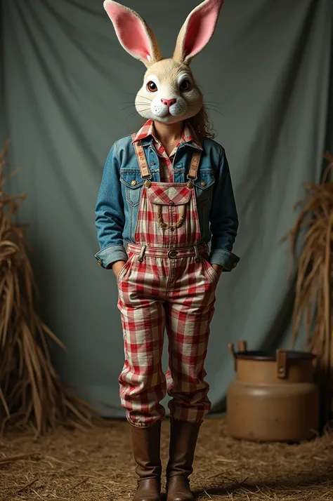 Crie uma drag Queen, she wears farm clothes, a rabbit mask, leather boots. The photo is full body, from head to toe.
