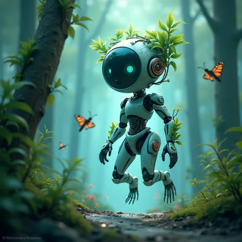 A bio-mechanical AI mascot, blending nature with technology for an art platform. The character is a sleek, elegant fusion of machine and organic elements, with parts of its body made of metallic vines and leaves, glowing softly with neon blue circuits. The...