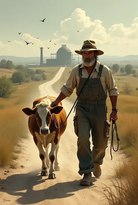 A man carrying his cow to sell at the slaughterhouse
