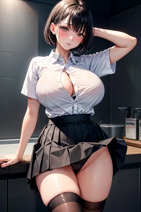 Best Quality,masterpiece,8k,((((One girl)))),((Big Breasts:1.3)),orgasm,blush,sweat,Zodiac_Soon,Black Hair,Short Hair,((Seraphim,White shirt,Black Skirt,mini skirt,Lift up your skirt,Under the skirt,Black knee-highs:1.1)),whole body、Leg spread(Lift up your...