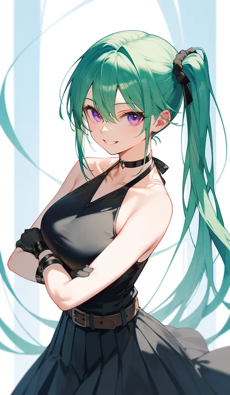 (masterpiece, the best quality at its best:1.2), alone, one huge breasted girl, green hair, bangs, hair between the eyes, side p...