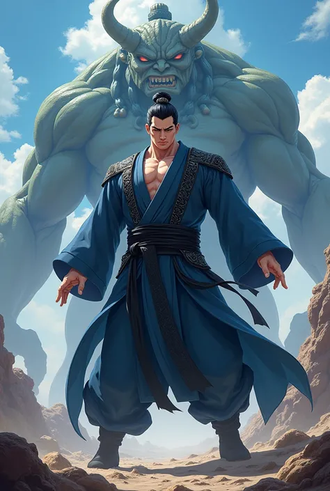 Make a Chinese cultivator manhwa cultivator,I want him with black hair, black eyes, he wears a blue outfit with black details, He is a very muscular 40 year old man, giant, and there&#39;s a giant monster behind him. I want it as an anime