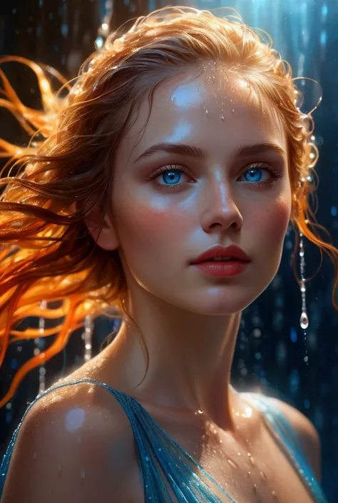 Hyperrealistic digital painting of a woman&#39;s body in a light dress, intense blue eyes with an otherworldly glow, wet skin with water droplets, light illumination chiaroscuro, shimmery orange and gold skin tones, glowing bright red lips, flowing colored...