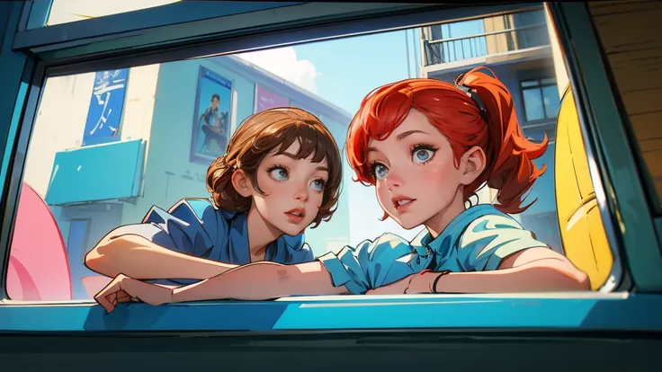 Best Quality, masterpiece), 2 girls, 1980s (style)Create a scene of two women looking out a window, Smiling and looking at the viewer, Wide-angle lens,,(style)Upper Body,pin up , (style),We&#39;re facing each other in a cafe,Quiet and relaxing environment,...