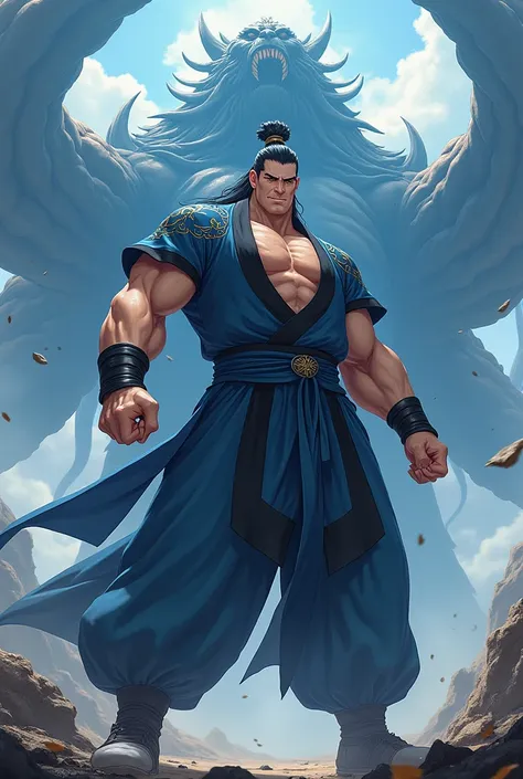 Make a Chinese cultivator manhwa cultivator,I want him with black hair, black eyes, he wears a blue outfit with black details, He is a very muscular 40 year old man, giant, and there&#39;s a giant monster behind him. I want it as an anime