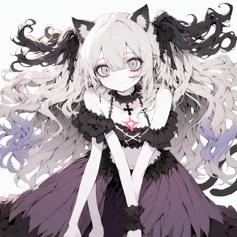 long hair, white hair, gothic lolita, choker, looking at viewer, shiny hair, two side up, messy hair, hair covering eyes, pale skin, lanky, streaked hair, gradient hair, black hair, silver eyes, with star-shaped irises, hair ribbon, solid gray background, ...