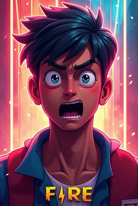 A YouTube thumbnail of a shocked young Indian me with [Never die until winning the game.] Return on the side and choose vibrant colour free fire thumbnail 