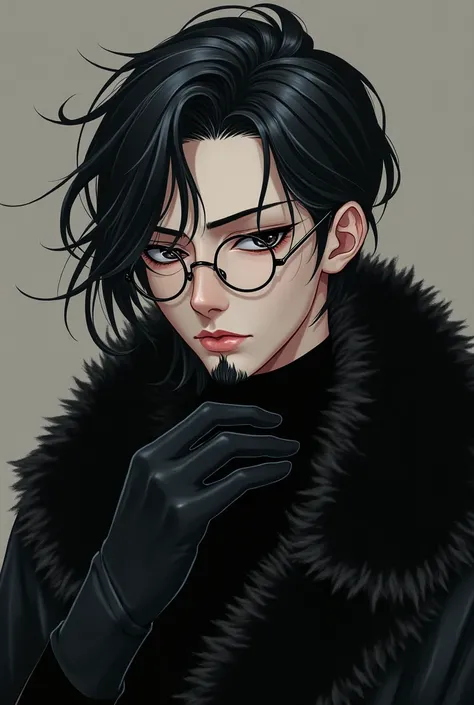 A white man with black very long hair, circle glasses and slim face, with ablack  goatee, wearing black fur coat and gloves, anime stily