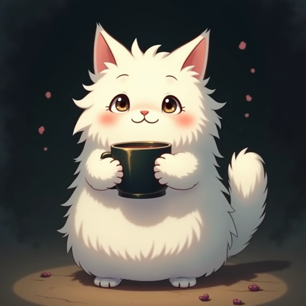 a cat standing on its hind legs,long fluffy white fur,cat holding black cup in front paws,hidden by fur,dark background,whimsical,humorous,detailed,intricate,soft lighting,gentle colors,anime,8k,high resolution,masterpiece,more detail,enhanced_cat.