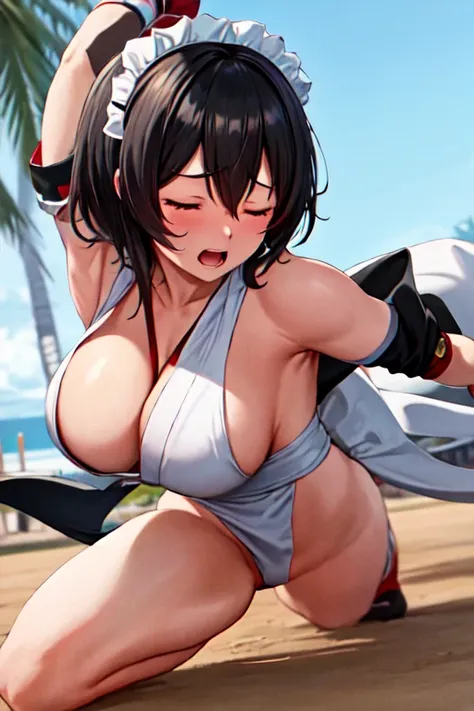 masterpiece, best quality, beautiful art, high resolution, well formed hands, body and fingers, 1 woman, solo, Iroha Samurai Spirits,adult, large and big breasted, cleavage, full body picture, hair ribbon, maid uniform gorgeous legs and, thighs, sexy and s...