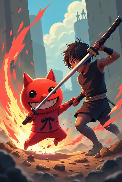  cute red guy fighting a red katana vs person fighting with a black stick