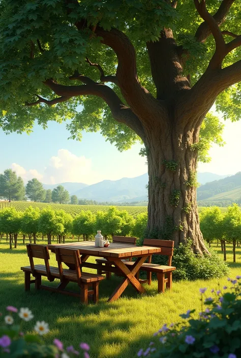 Vineyard with wooden table and chairs under a big tree