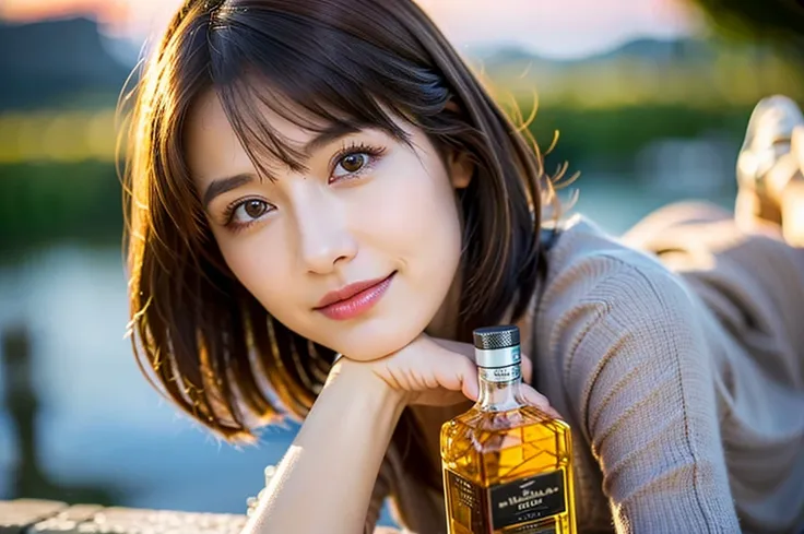 (Realistic, 超Realistic:1.4), 16K HDR, High resolution,Brown short hair,The best smile、Model Couple、Short sleeve dress,((Whiskey Glass)),((Whiskey Bottle))、whiskey、((Single Malt)),((scotch)),The Macallan、Johnnie Walker、Old Parr、Shot Glasses、Whisky on the Ro...