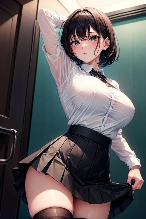 Best Quality,masterpiece,8k,((((One girl)))),((Big Breasts:1.3)),orgasm,blush,sweat,Zodiac_Soon,Black Hair,Short Hair,((Seraphim,White shirt,Black Skirt,mini skirt,Lift up your skirt,Under the skirt,Black knee-highs:1.1)),whole body、Leg spread(Lift up your...