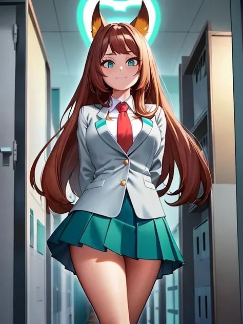 (Girl with brown hair with turquoise tips) (short fox ears) (turquoise blue eyes) (long hair to the legs) (look: happy) (locker room: U schoolgirl uniform.A) (Light grey blouse, Red tie, Dark green skirt) (big breasts) School uniform, shackles, green skirt...