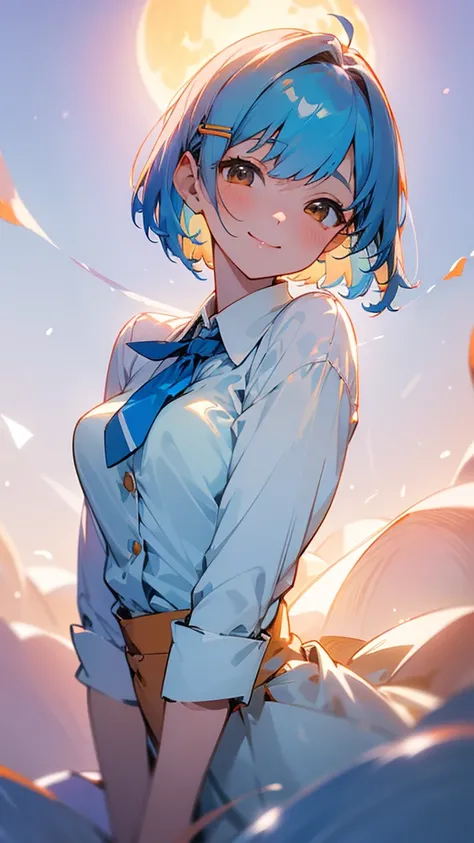 Young woman、Alone、A white and blue blouse shirt、Shiny light blue hair、Bob Hair、Tie your hair with an orange hair clip、Beautiful brown eyes、A gentle gaze、smile、Upper body close-up、Shrimp mascot、Delicate contours、Under the moonlight、Blur the background