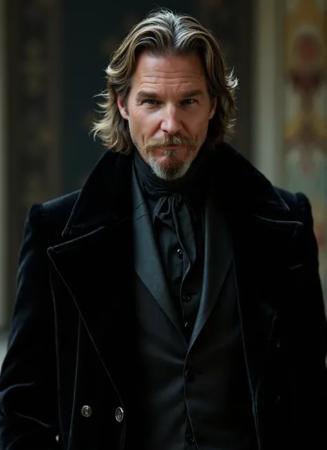 ((Inspire-se em jeff bridges)) A handsome and dashing man, with adult masculine features, light eyes and hair thrown back. She is facing, stopped, in the black robes of an evil Victorian Emperor. ULTRA resolution, high details, better image quality. High r...