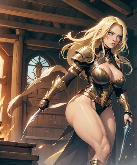 (((Female muscular fantasy warrior.))) (((Long blonde hair in a sexy style.))) Create a powerful and muscular female warrior who exudes raw sexual energy and dominance. Her very presence is intimidating, as she gives off an air of ruthlessness.  Her breast...