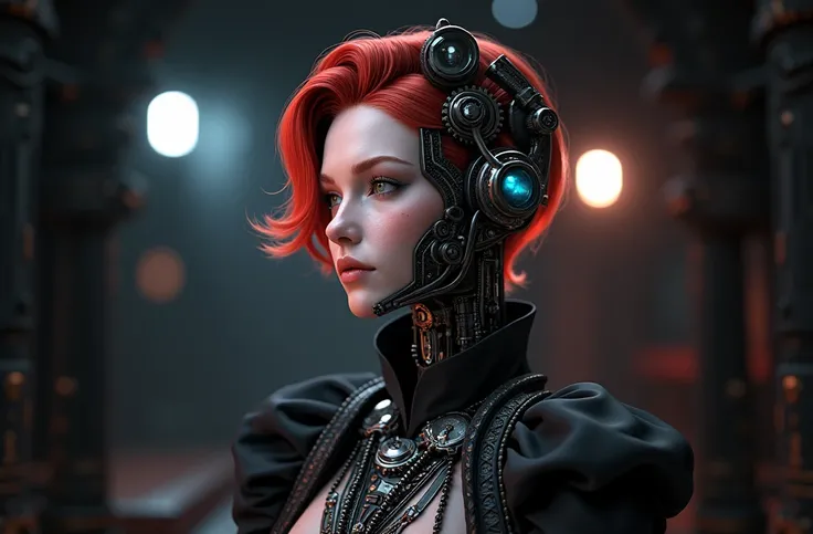 a highly detailed and intricate modern victorian female robot with red hair, wearing an elegant victorian-style dress, exquisite mechanical gears and components visible, photorealistic, 8K, cinematic lighting, award-winning digital art, hyper realistic, sh...