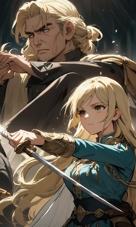 A blonde aristocrat practices swordsmanship with her father, but is defeated by him and challenges him again and again.