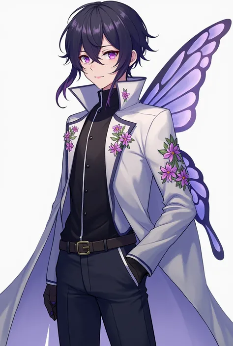 create a male character with deep purple eyes, with a sharp shine that reveals his determination and intelligence, black hair with purple tips, relatively short, clothing: wears a hunter&#39;s uniform similar to his mother&#39;s, with subtle floral details...