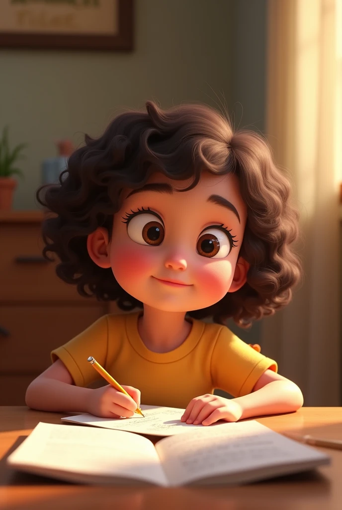 Create an animated image,Showing a three year old girl,Has dark brown curly hair,Studying or doing homework.Front view