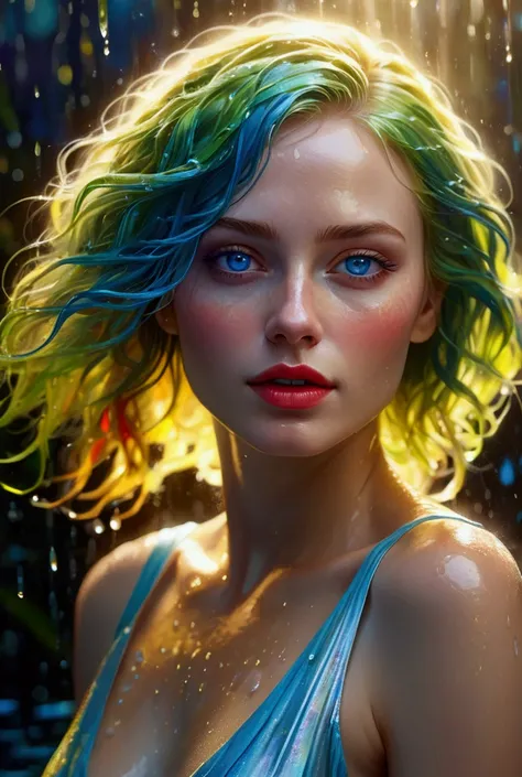 Hyper realistic digital painting of womans body in light dress, intense blue eyes with otherworldly glow, wet skin with water droplets, light chiaroscuro lighting, shimmering golden skin tones, glowing bright red lips, flowing yellow,blue,green,purple hair...