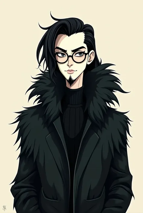 A white man with black very long hair, circle glasses and slim face, with ablack  goatee, wearing black fur coat and gloves, cartoon