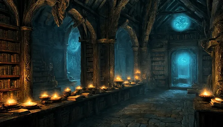 In the heart of an ancient, dimly lit Nordic library, rows of towering shelves filled with mysterious, weathered tomes stretch into the shadows. The air is thick with the scent of old parchment and dust, and the flickering torchlight casts long, eerie shad...