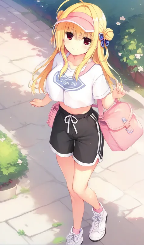 1girl,hiyori-default,hiyori-default,red eyes,blonde hair, double bun,ahoge, long hair, Cropped white T-shirt, black high-waisted shorts, white sneakers, pale pink cap, Sporty crossbody bag for one person, smiling, sidewalk, tree