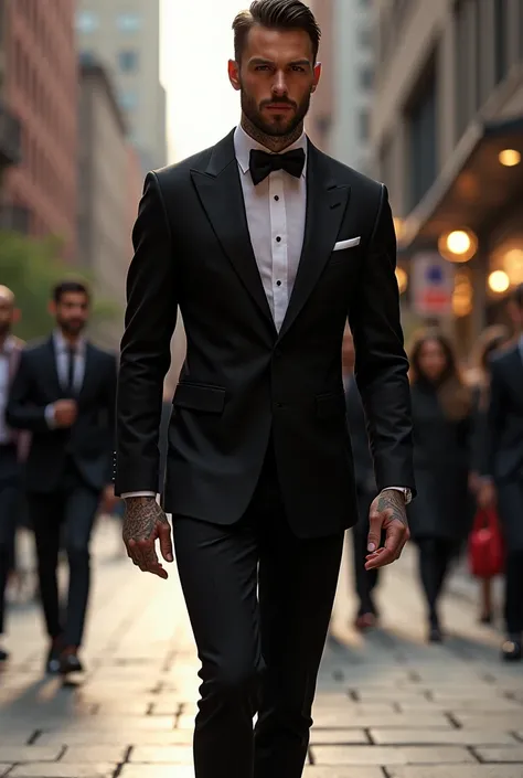 Model Stephen James is feeling confident and is walking on a street leaving behind an amazing smell and fire sparks, the people on the street is amazed by him. he is wearing a black tux and he has tattoos