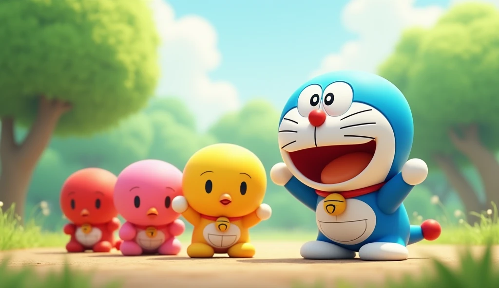 Doraemon and 3 mini Doraemon which colour are red,yellow ,green.