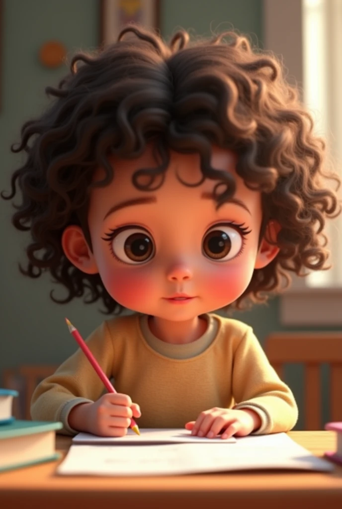 Create an animated image,Showing a three year old girl,Has dark brown curly hair,Studying or doing homework.Front view，Eyes looking straight