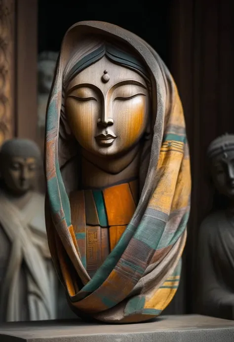 Statue of a woman wearing a scarf, religious sculpture, sculpture of a woman, author：Slava Raskaj, stunning details, wooden statue, by Li Mei-shu, beautiful depiction, Mysterious person, ceramic statue, by Sunil Das, unknown artist, centered portrait, Arti...