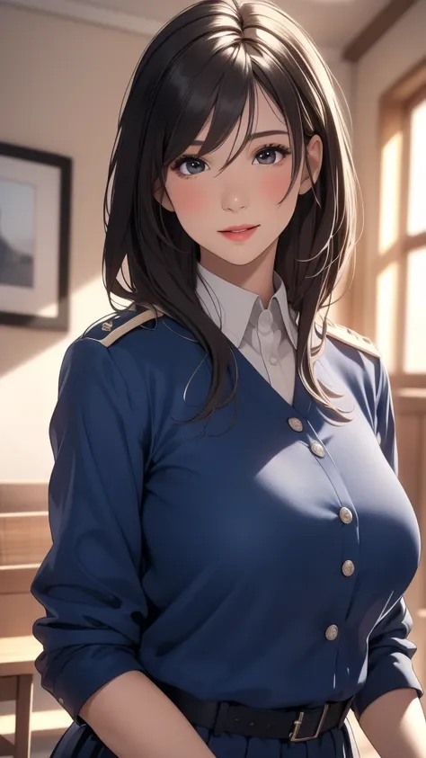 (Highest resolution, clearly_image) The best, singles, A woman, alone, masterpiece, Very detailed, Semi-realistic, short black hair, black hair, Bangs, 1, Mature, light blue Uniform, Uniform, indoor background, [Mild, authoritative, robust, Exquisite facia...