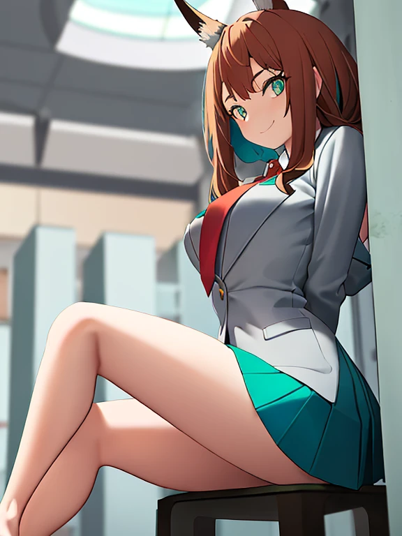 (Girl with brown hair with turquoise tips) (short fox ears) (turquoise blue eyes) (long hair to the legs) (look: happy) (locker room: U schoolgirl uniform.A) (Light grey blouse, Red tie, Dark green skirt) (big breasts) School uniform, shackles, green skirt...