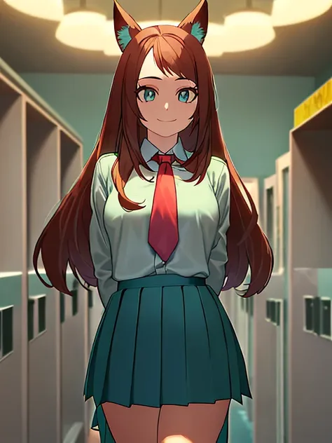 (Girl with brown hair with turquoise tips) (short fox ears) (turquoise blue eyes) (long hair to the legs) (look: happy) (locker room: U schoolgirl uniform.A) (Light grey blouse, Red tie, Dark green skirt) (big breasts) School uniform, shackles, green skirt...