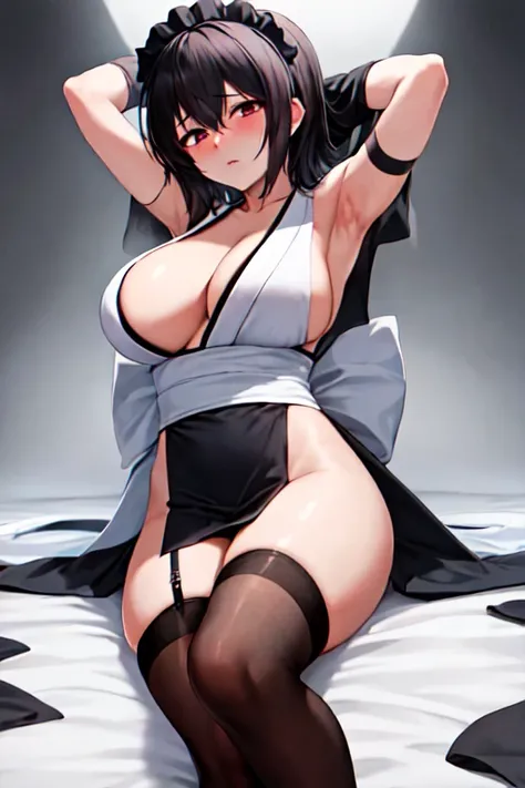 masterpiece, best quality, beautiful art, high resolution, well formed hands, body and fingers, 1 woman, solo, Iroha Samurai Spirits,adult, large and big breasted, cleavage, full body picture, hair ribbon, maid uniform gorgeous legs and, thighs, sexy and s...