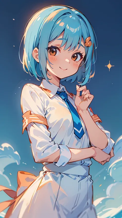 Young woman、Alone、A white and blue blouse shirt、Small breasts、Shiny light blue hair、Bob Hair、Tie your hair with an orange hair clip、Beautiful brown eyes、A gentle gaze、smile、Upper body close-up、Shrimp mascot、Delicate contours、Under the moonlight、Blur the ba...