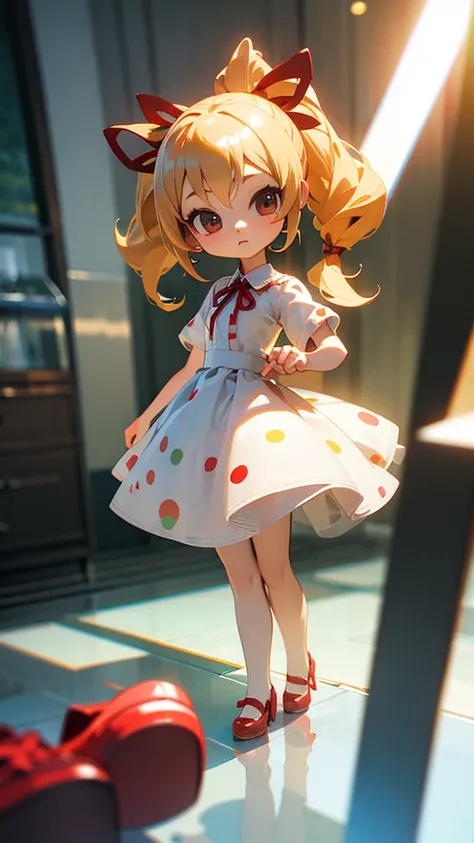 High resolution,Printed on transparent glass、Chibi character、Blonde、Perm Ponytail、Ribbon on head、White dress、Red Shoes、3D Rendering, Anime Style, 