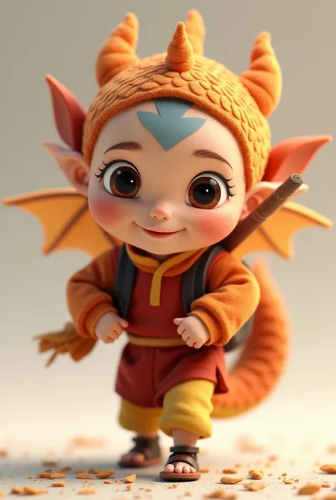 Create a , caricature of aang from avatar,carrying a  huge cute dragon doll at his back. looking at the viewer ,3d render
