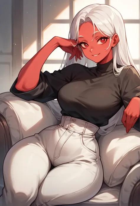 red skin woman, white hair,Long hair, black pants, red eyes, Black clothes,Big ass, smile,Sitting with her head resting on her hand,Big waist, wide hips 