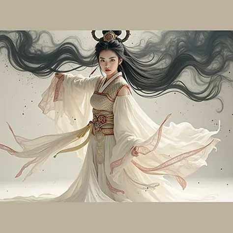 1 girl, heroine, good looking, Splattered ink, Chinese Armor, (Upper Body), Black Hair, Floating Hair, Delicate eyes, Antique black and green damask patterned Hanfu, Fob, (1 1 1.8), (masterpiece), (Portrait Photography), Front shot white background, (Movie...