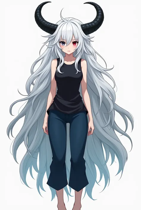 A white woman with wild white hair who has two horns on her head that form a crown with eyes split in half, one half is black and the other is red, she is dressed in a black sleeveless shirt along with dark blue pants, she is barefoot and has a wild appear...