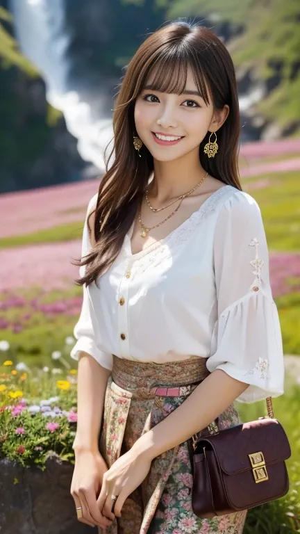 (Best Quality, Intricate details: 1.2) ,1 person, Alone, Gazing at the audience, Floral blouse, Floral Skirt, One Length Hair,Shoulder bags,Realistic,Medium sized,White skin,1６Year,Necklaces and earrings,Beautiful smile,teeth,Standing on top of a mountain ...